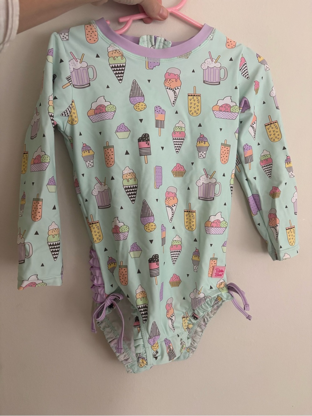 Ruffle Butts Mint Ice Cream & Popsicle Long Sleeve One-Piece with Purple Trim